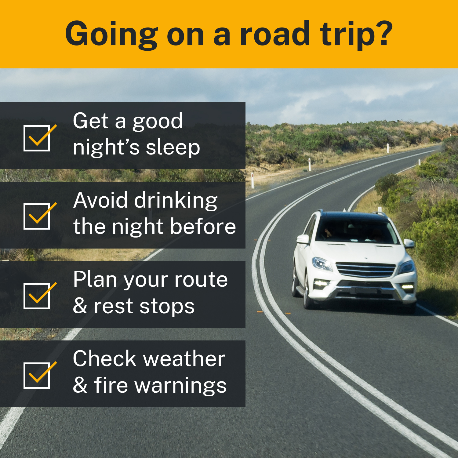 English checklist for road users to make sure they're ready for a road trip