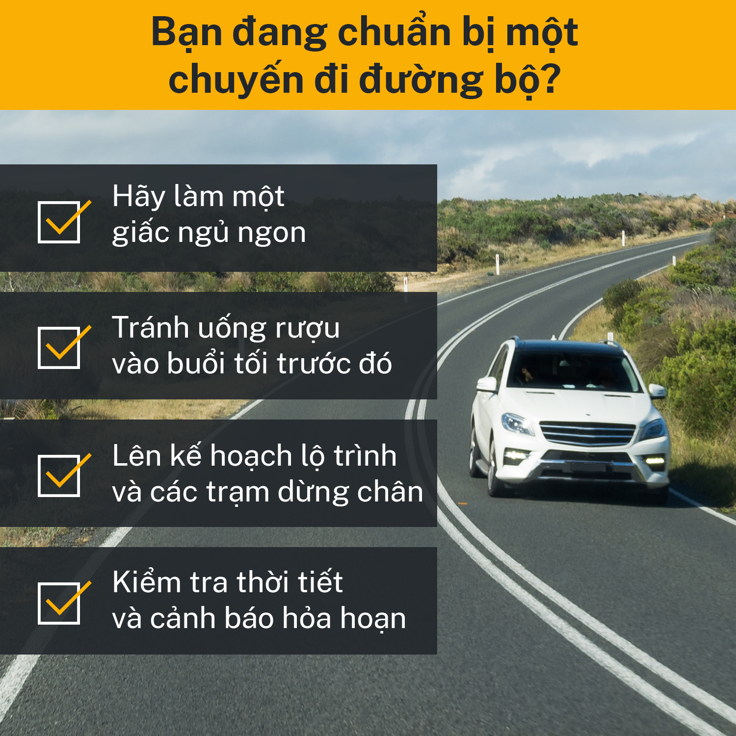 Vietnamese checklist for road users to make sure they're ready for a road trip